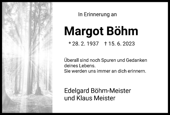 Todesanzeige von Margot Böhm von HNA