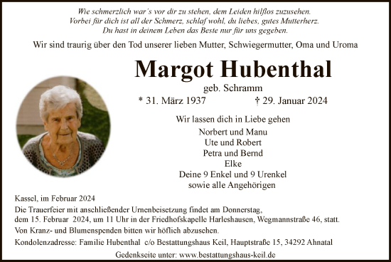 Todesanzeige von Margot Hubenthal von HNA