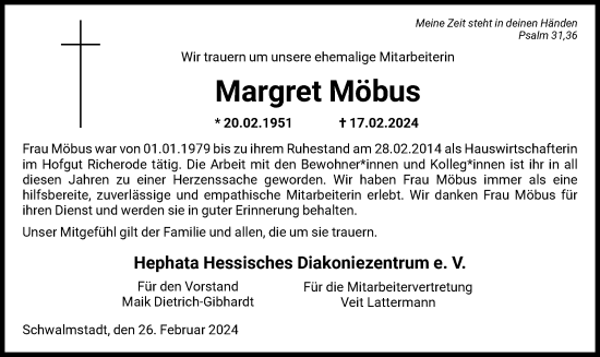 Todesanzeige von Margret Möbus von HNA