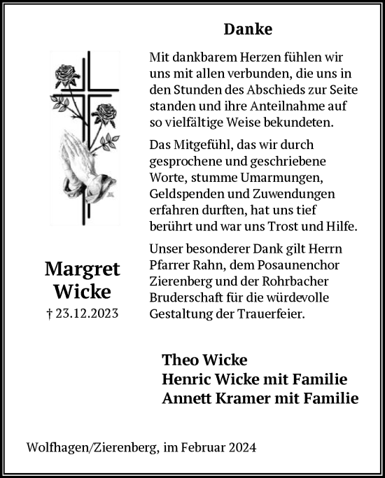 Todesanzeige von Margret Wicke von HNA