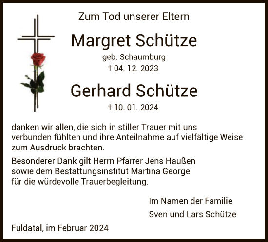 Todesanzeige von Margret und Gerhard Schütze von HNA