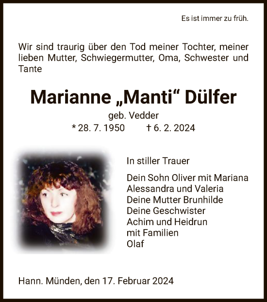 Todesanzeige von Marianne Dülfer von HNA