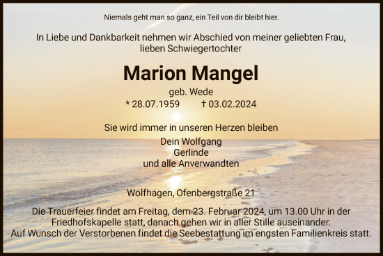 Todesanzeige von Marion Mangel von HNA