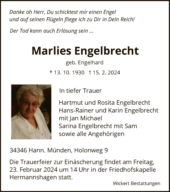 Todesanzeige von Marlies Engelbrecht von HNA