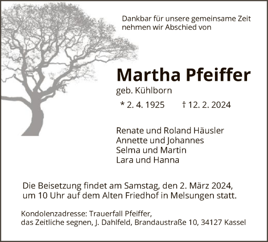 Todesanzeige von Martha Pfeiffer von HNA