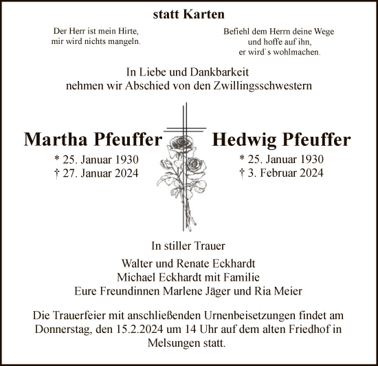 Todesanzeige von Martha und Hedwig Pfeuffer von HNA
