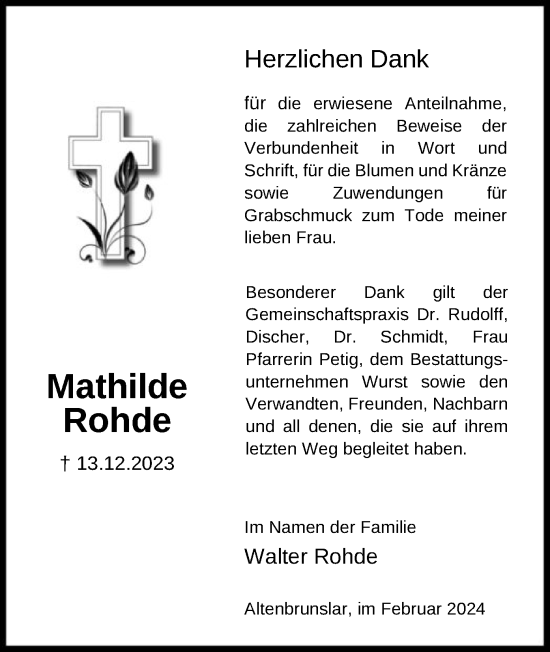 Todesanzeige von Mathilde Rohde von HNA