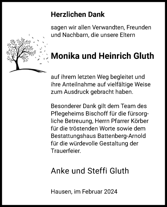Todesanzeige von Monika und Heinrich Gluth von HNA