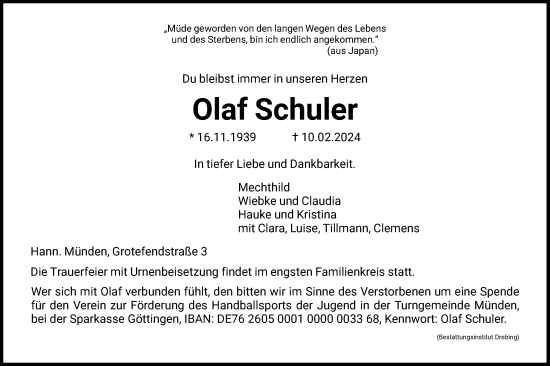 Todesanzeige von Olaf Schuler von HNA