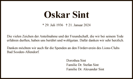Todesanzeige von Oskar Sint von WRSHNA