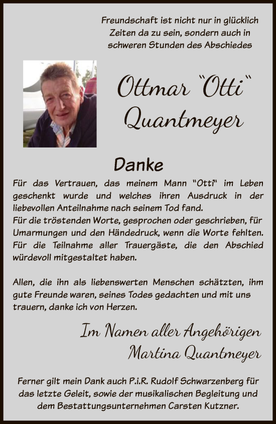 Todesanzeige von Ottmar Quantmeyer von HNA