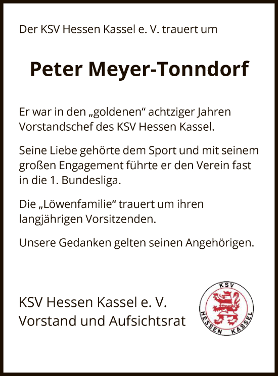 Todesanzeige von Peter Meyer-Tonndorf von HNA