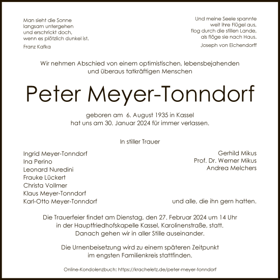 Todesanzeige von Peter Meyer-Tonndorf von HNA