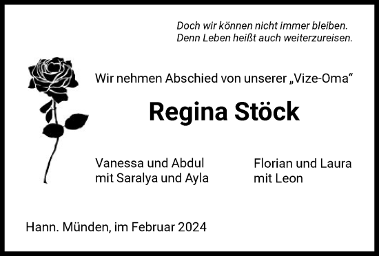 Todesanzeige von Regina Stöck von HNA