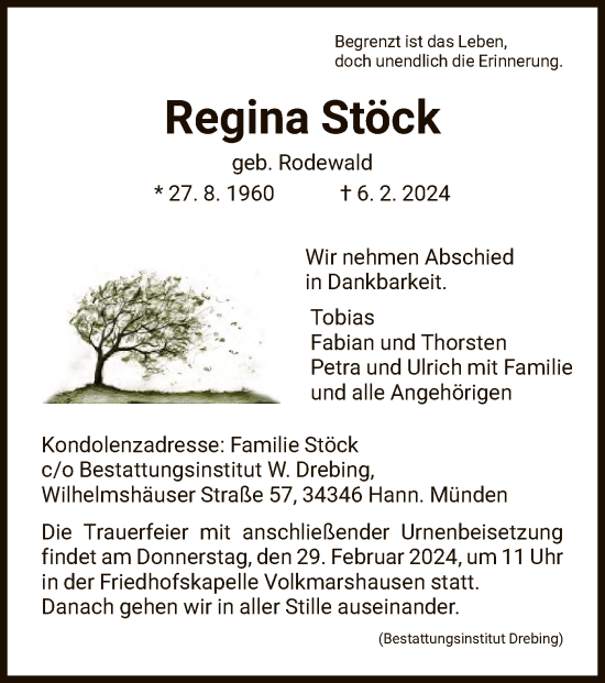 Todesanzeige von Regina Stöck von HNA