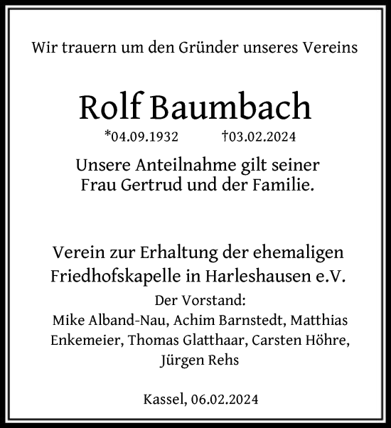 Todesanzeige von Rolf Baumbach von HNA