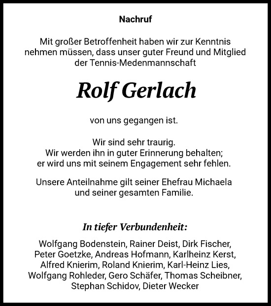 Todesanzeige von Rolf Gerlach von HNA