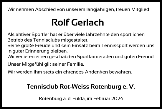 Todesanzeige von Rolf Gerlach von HNA