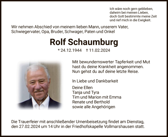 Todesanzeige von Rolf Schaumburg von HNA