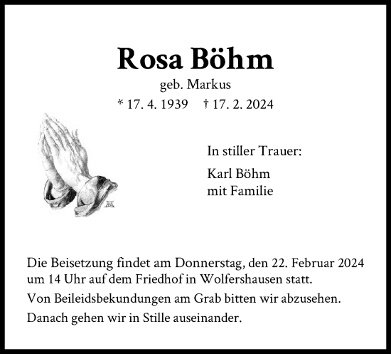 Todesanzeige von Rosa Böhm von HNA