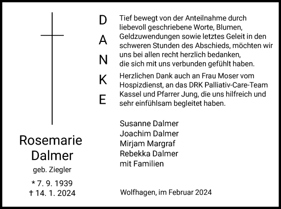 Todesanzeige von Rosemarie Dalmer von HNA