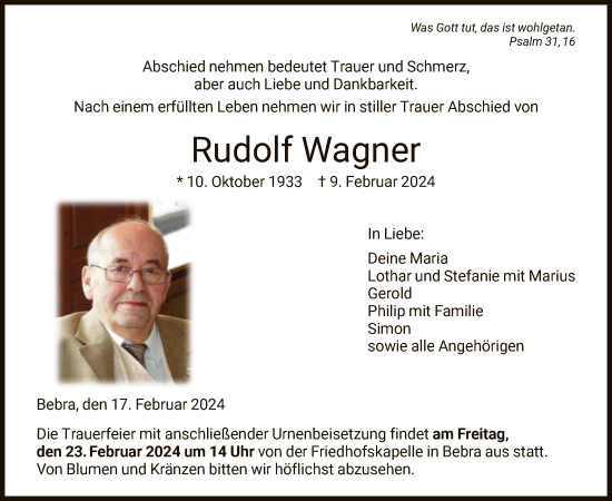 Todesanzeige von Rudolf Wagner von HNA
