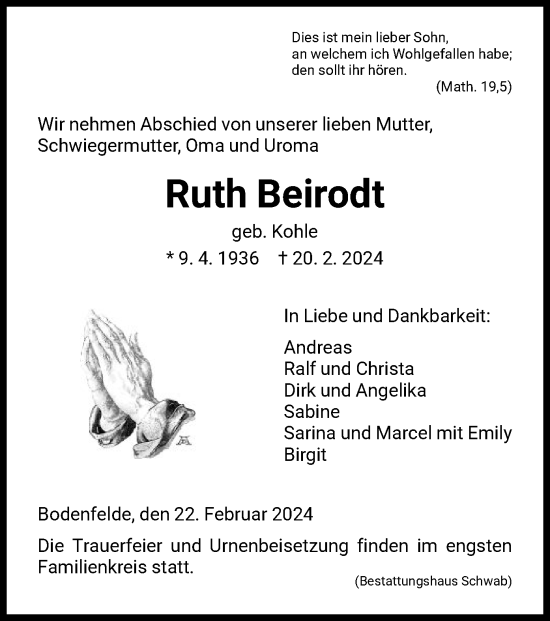 Todesanzeige von Ruth Beirodt von HNA