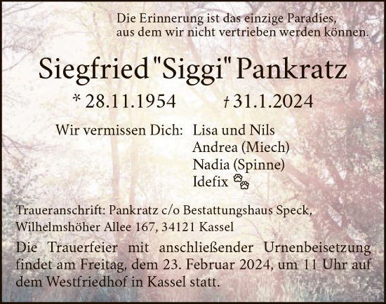 Todesanzeige von Siegfried Pankratz von HNA