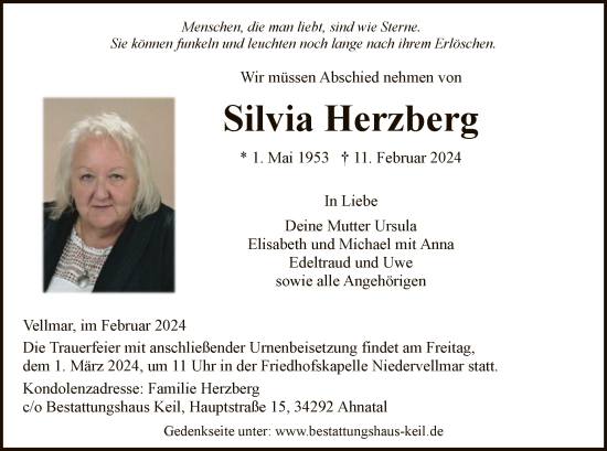 Todesanzeige von Silvia Herzberg von HNA