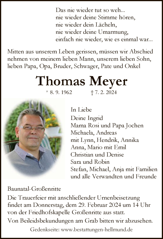 Todesanzeige von Thomas Meyer von HNA