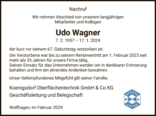 Todesanzeige von Udo Wagner von HNA