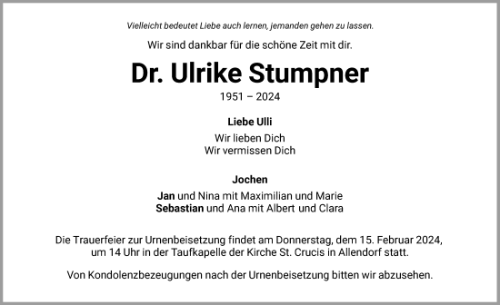 Todesanzeige von Ulrike Stumpner von HNAWRS