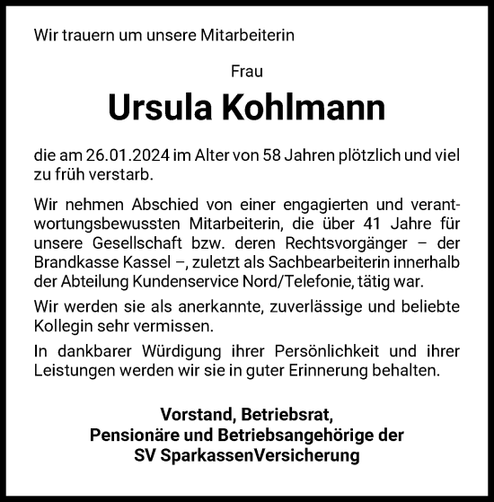 Todesanzeige von Ursula Kohlmann von HNAHNAHNA