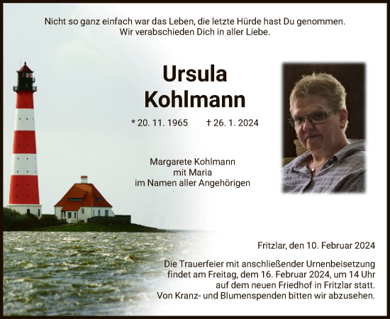 Todesanzeige von Ursula Kohlmann von HNAHNA