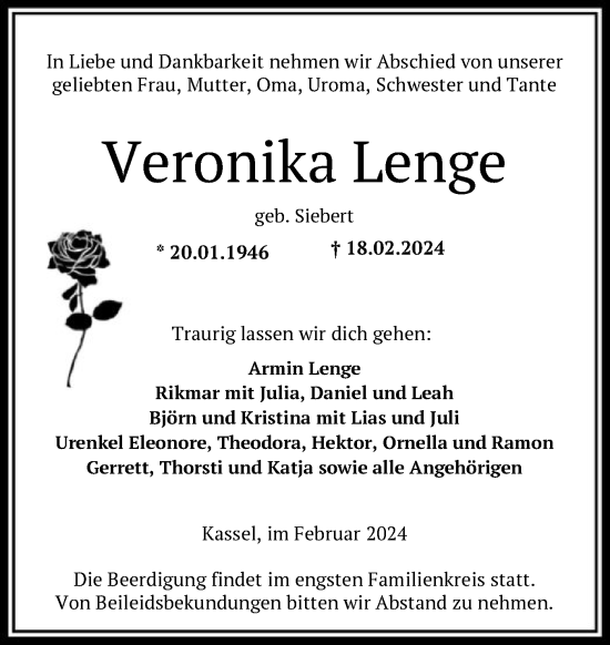 Todesanzeige von Veronika Lenge von HNA