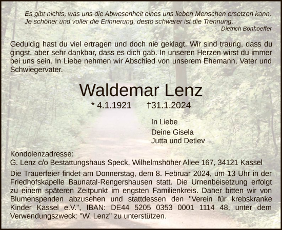 Todesanzeige von Waldemar Lenz von HNA