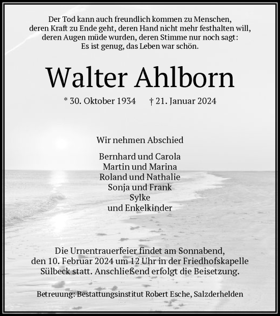 Todesanzeige von Walter Ahlborn von HNA