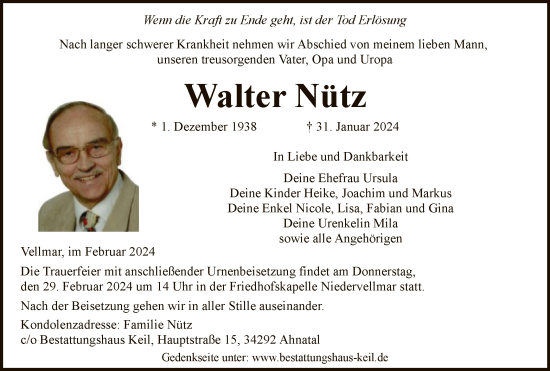 Todesanzeige von Walter Nütz von HNA