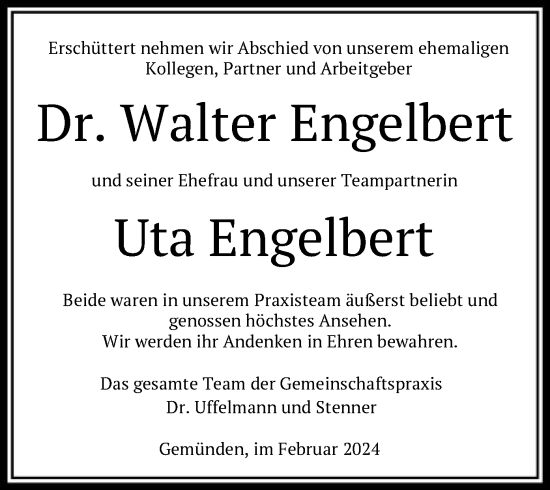 Todesanzeige von Walter und Uta Engelbert von HNA
