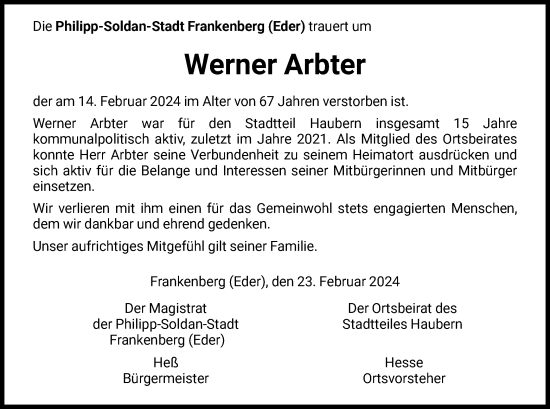 Todesanzeige von Werner Arbter von HNA