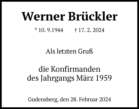 Todesanzeige von Werner Brückler von HNA