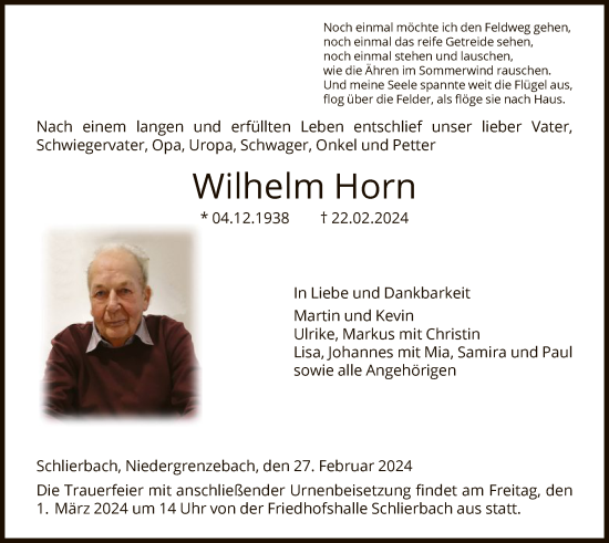 Todesanzeige von Wilhelm Horn von HNAHNA