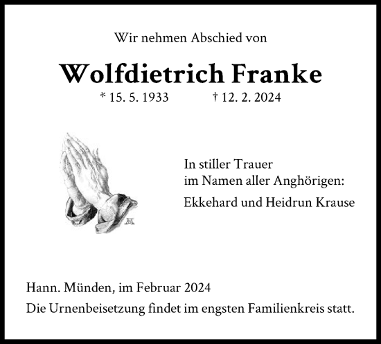 Todesanzeige von Wolfdietrich Franke von HNA