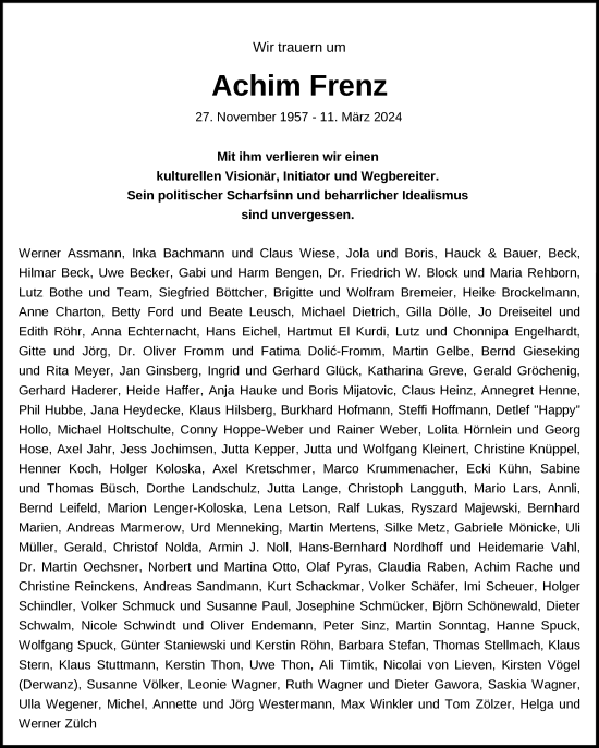 Todesanzeige von Achim Frenz von HNA