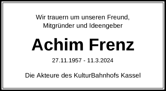 Todesanzeige von Achim Frenz von HNA