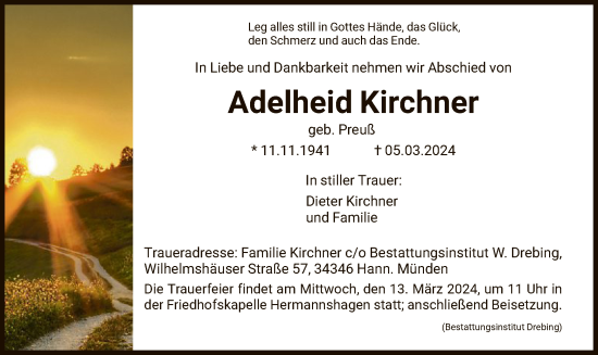 Todesanzeige von Adelheid Kirchner von HNA