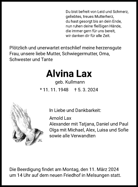 Todesanzeige von Alvina Lax von HNA