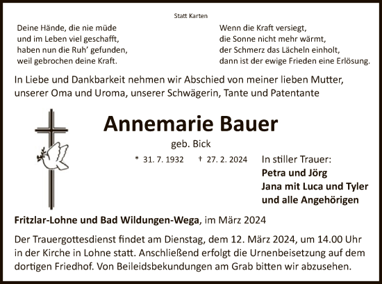 Todesanzeige von Annemarie Bauer von HNA