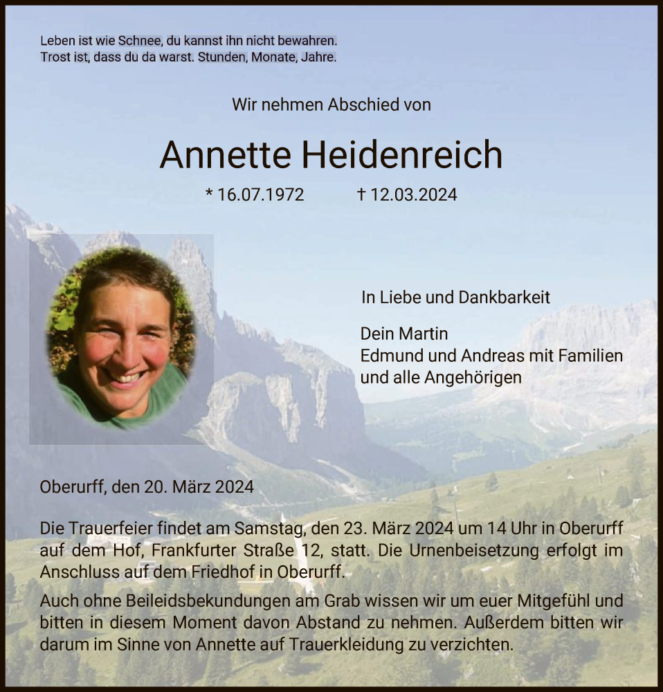  Traueranzeige für Annette Heidenreich vom 20.03.2024 aus HNA