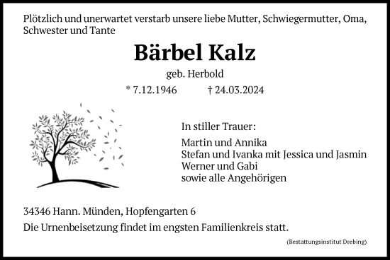 Todesanzeige von Bärbel Kalz von HNA